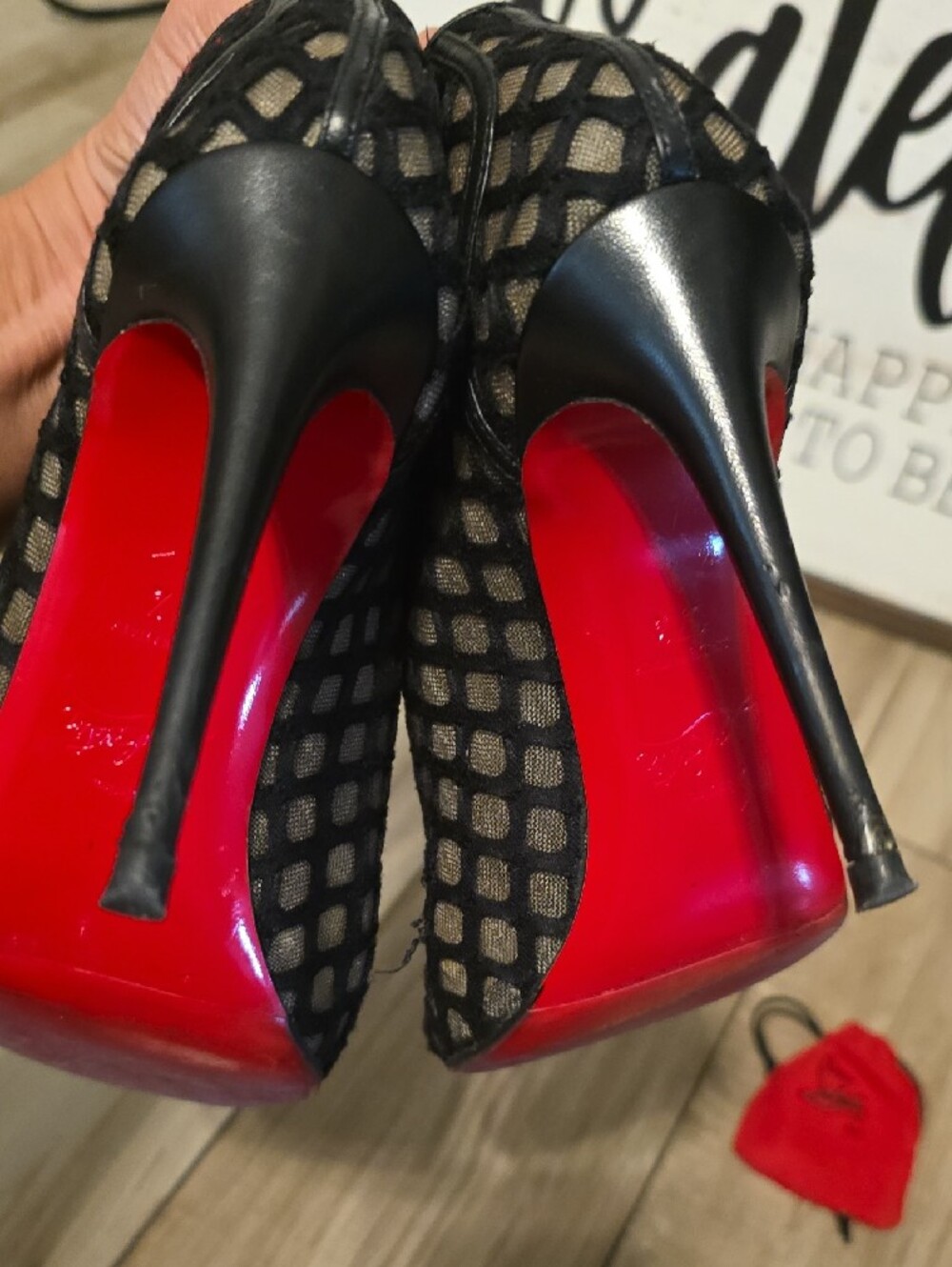 Christian Louboutin Black Mesh Lace-Up Peep-Toe 100 Heels Size (37-1/2) - Picture 8 of 15